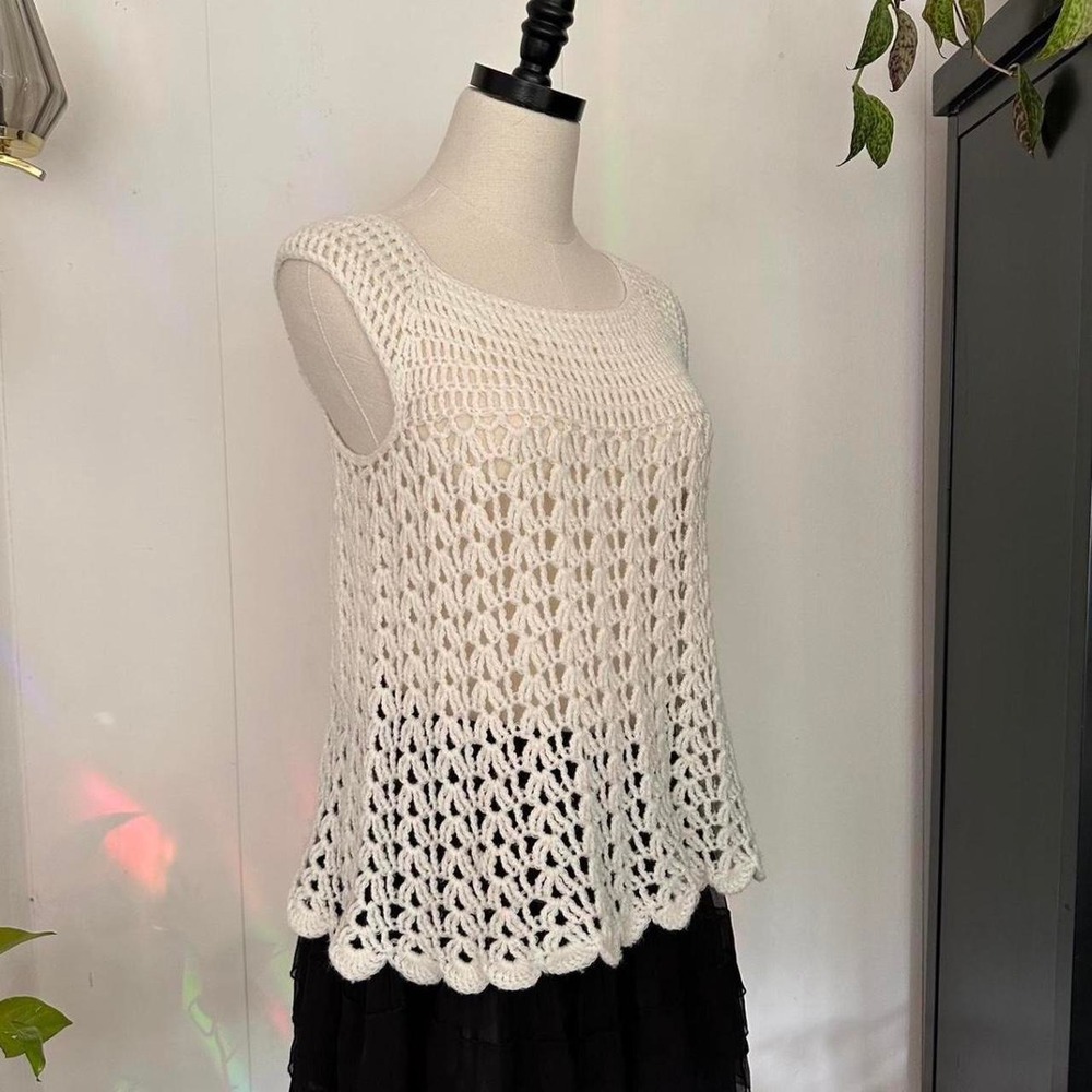Handmade White Crochet Scalloped Cap Sleeve Top Vintage Cottagecore Cream Medium